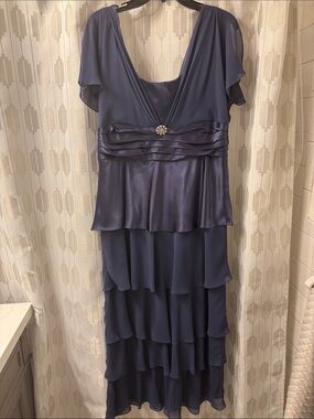 Patra Elegant periwinkle Satin & Chiffon V-Neck Gown with Rhinestone Accent